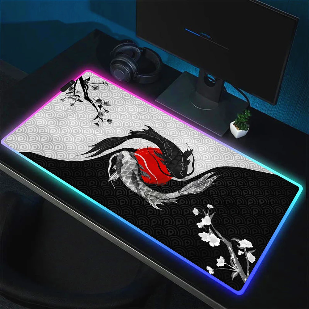 Large RGB Koi Fish Art Mouse Pad LED Mouse Mat Yin Yang Gamer Mousepad 30x70 Keyboard Desk Mat XXL Gaming Mousepad With Backlit