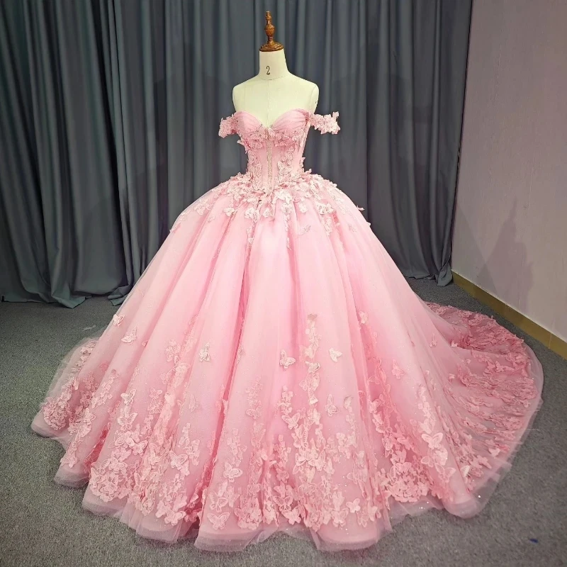 

Pink Sweetheart Princess Quinceanera Dresses 2024 Off Shoulder Bow Beads Crystal Gillter Sequins Lace-up Corset Vestidos 15 años