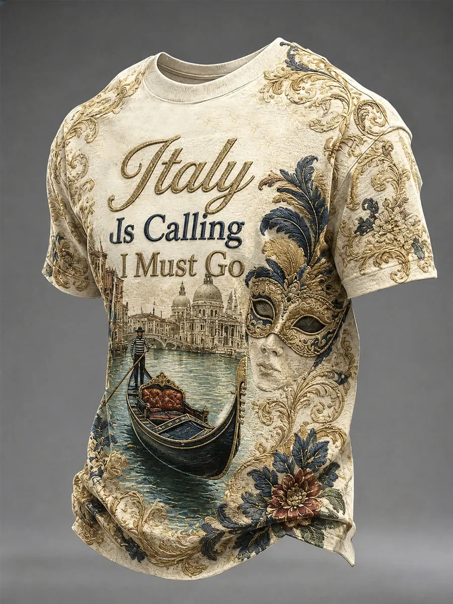 Italy Calls: Venice Carnival Masked Costume, Gondola Retro Baroque Pattern T-shirt, Italian Scenic Casual Short-Sleeved T-shirt