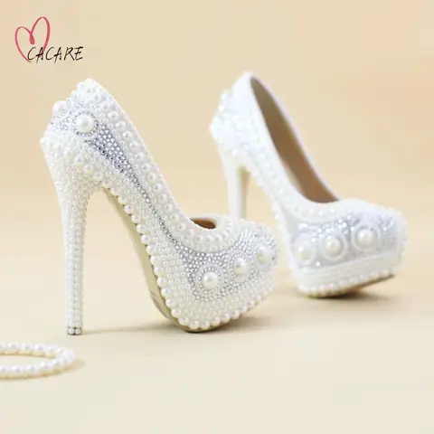 CACARE Luxury Wedding Shoes Pearl Lace Platform High Heels Bridal Party Shoes Cinderella Pumps Supplies Decoration F0497