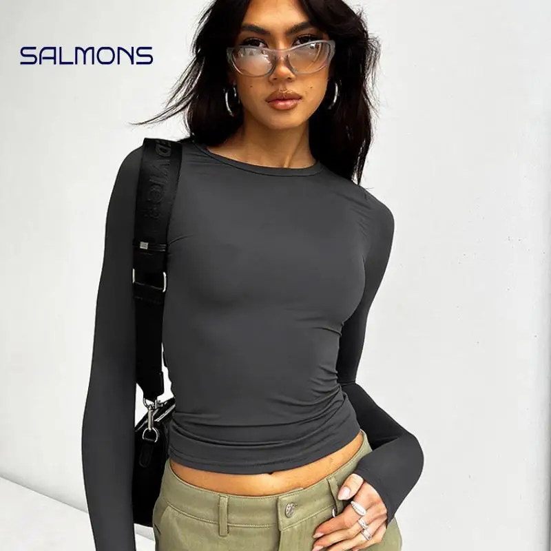 Autunno Inverno Y2k Crop Donna T-shirt a maniche lunghe O Collo Slim Fit Pullover Solid Basic Tee Donna Streetwear Casual Base Top