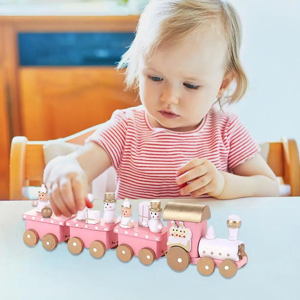 Wooden Train Pink 4 Carriages Small Christmas Gift Children's Holiday Decorations Gift Cute Wooden Crafts Play House Toys