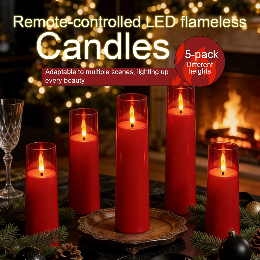 Realistic Red LED Candle Lights 5 Pieces with Remote Timer for Cozy Bedroom Living Room Romantic Dinner Christmas Decoration