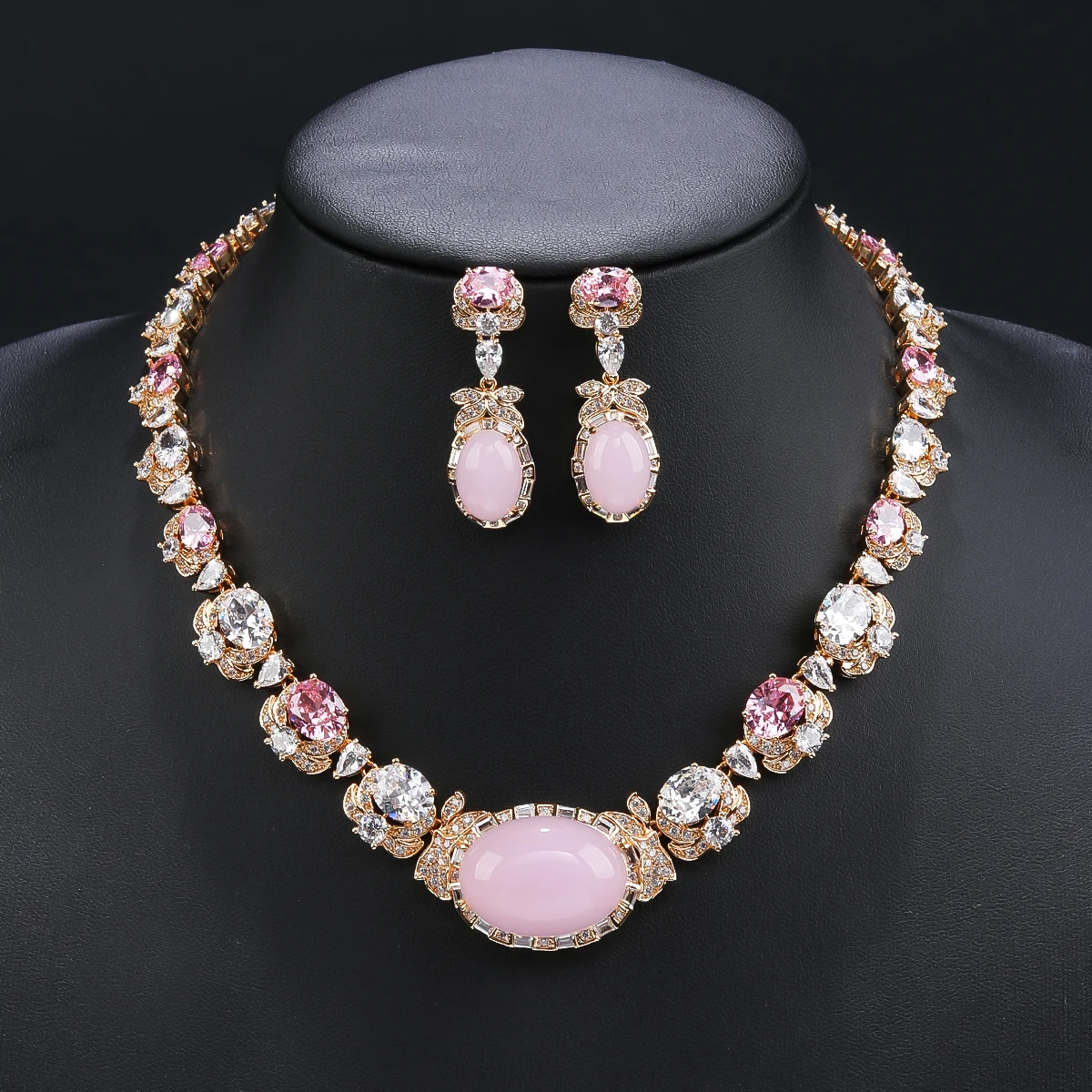 Beautiful Pink, Purple Imitation Agate Stone, Cubic Zirconia Necklace Earrings Set Bridal Wedding Jewelry Gift CN11334