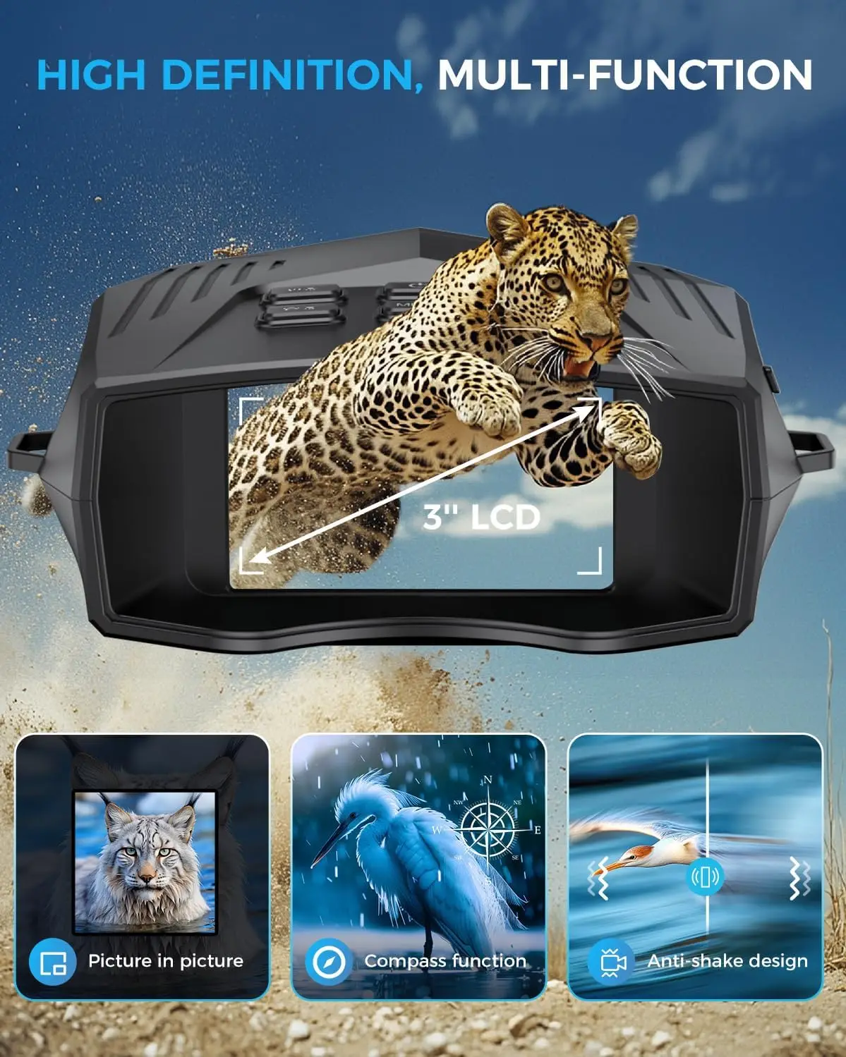 Nachtsichtfernglas mit 5000-mAh-Akku, 3-Zoll-Bildschirm, 10-fachem Zoom für Camping und Wildtiere