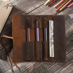 Genuine Leather Retro Pencil Cases Handmade Pen Roll Bags Pens Vintage Style School supplies storage bag Boys Girls for children