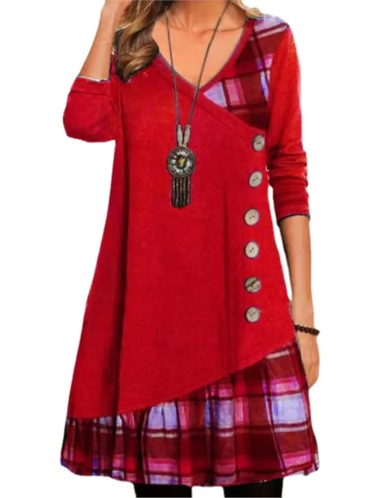 Autumn Winter New Women\'s Sexy V-neck Fashionable Checkered Patchwork Button Long Sleeved Irregular Casual Comfortable Dress