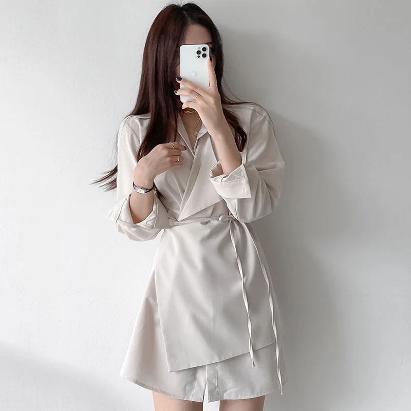 New Korean Chic Autumn Women Dresses Lapel Single-breasted Lace-up Irregularly Styled Shirt-style Dress and Short Skirt