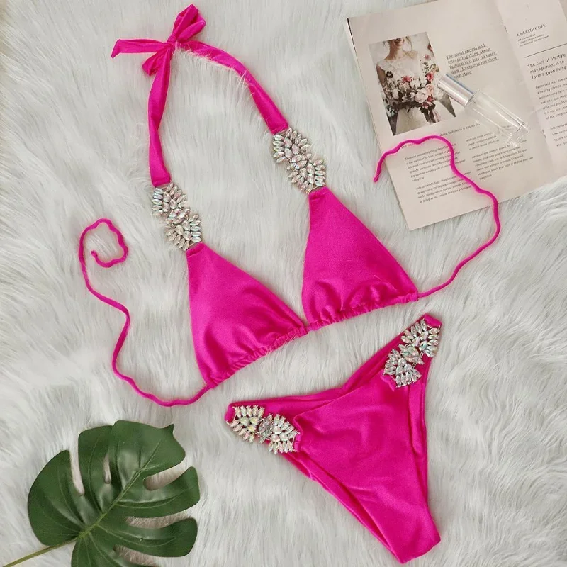 

Bikini Fashion Sexy Solid Color Metal Rhinestone Bandage Two-Piece Swimsuit Factory