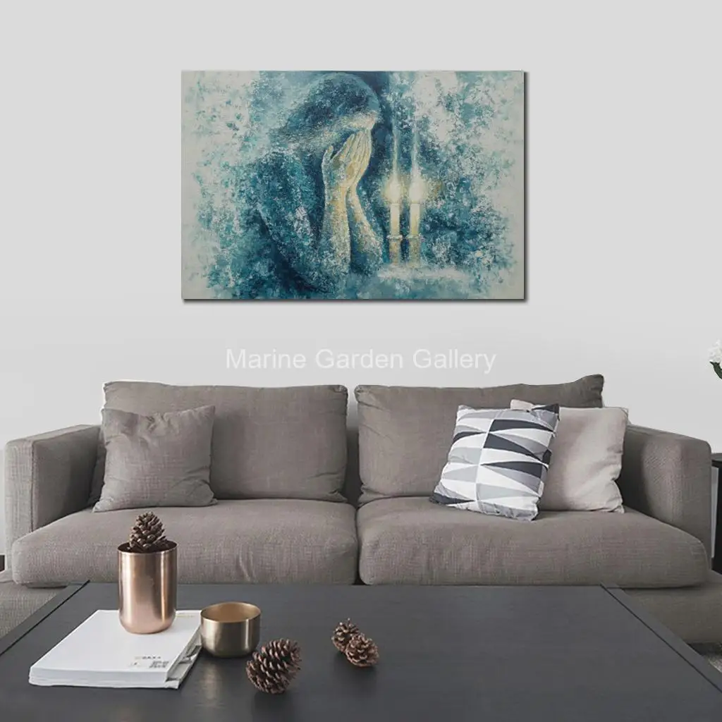 Jewish Hanukkah Menorah Painting Hand Painted Canvas Art Lighting Candles Blue Contemporary Artwork for Judaic Dining Room Decor