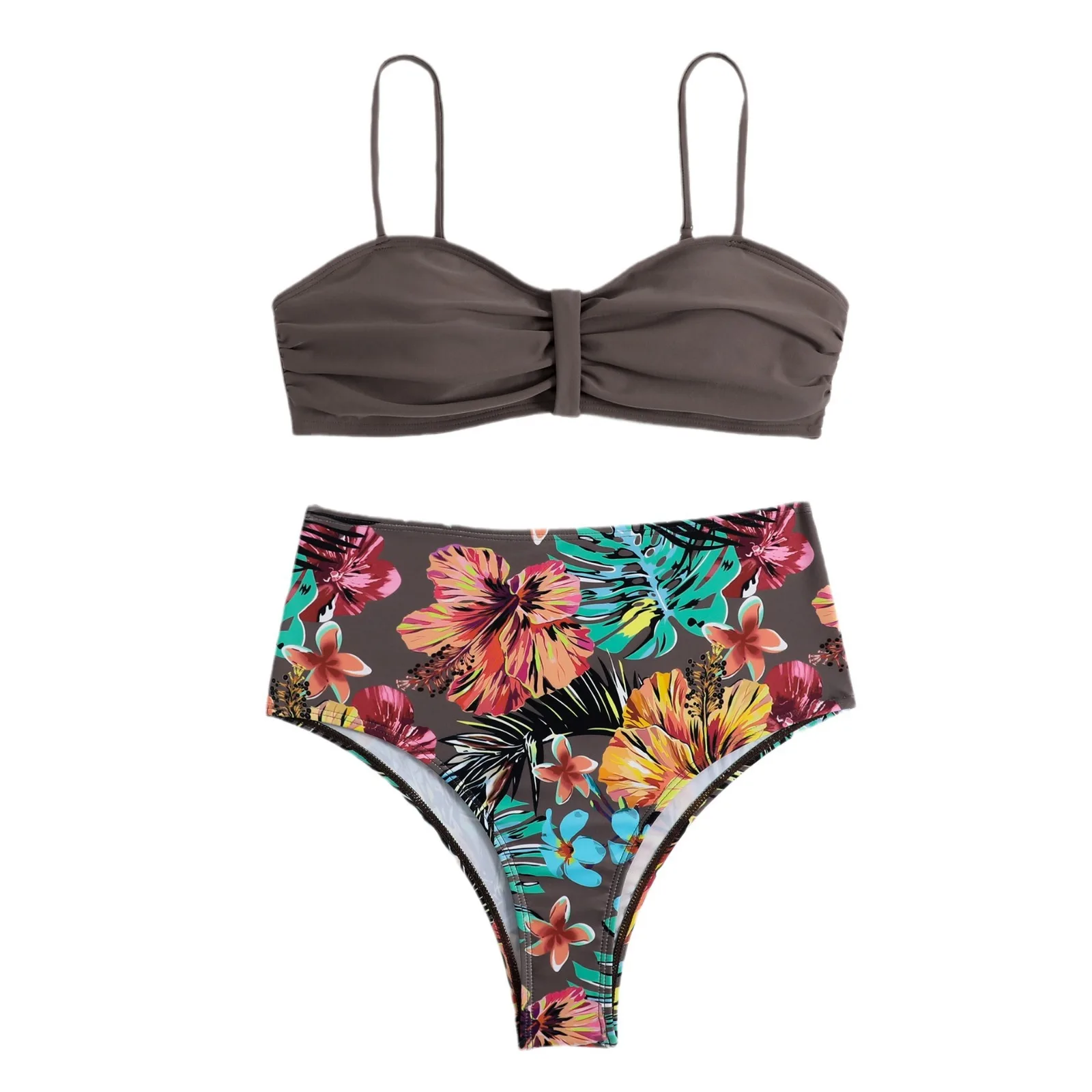 2 sztuk/zestaw damskie bikini plisowane Bandeau regulowane ramiączka biustonosz i figi zestaw jednokolorowe wysokiej talii kwiatowy stroje kąpielowe kostiumy kąpielowe