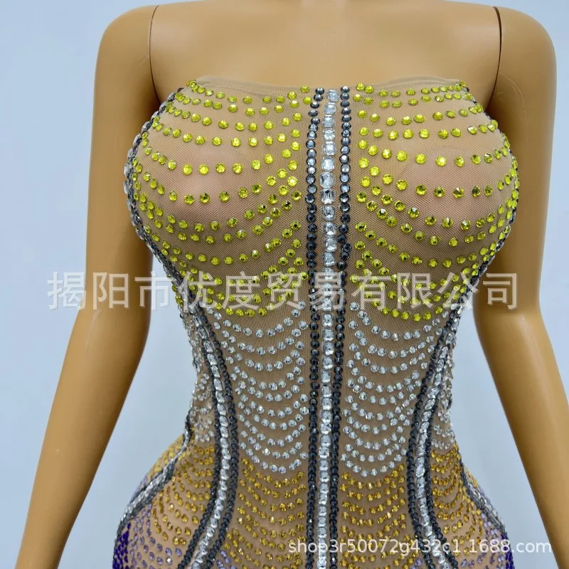 Halter Multi-color Perspective Mesh Shiny Birthday Party Reception Night Skirt Performance Dance Clothes Rainbow Chain Robe Fête