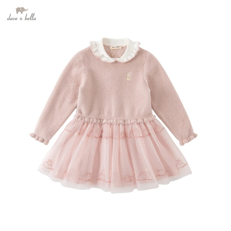 DK3223425 Dave Bella Autumn Girl\'s Fashion Soild  Mesh draped dress children sweet dress kids infant lolita clothes