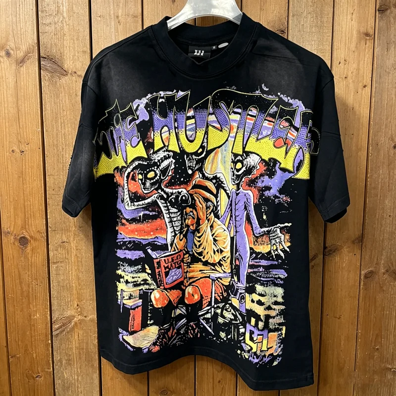 Classic Embroidery Rhinestone Life Hustlers Alien Style Print T-shirt Men Women Washed Hole Damaged Loose Short Sleeve American