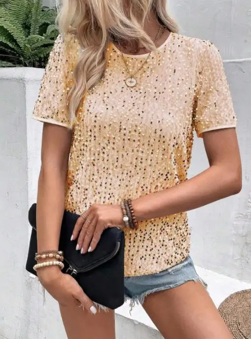 Top Frauen 2025, Frühling Sommer Neue Einfarbig Lose Fit Kurzarm Rundhals Pailletten Dekor Casual Täglichen T-Shirt Top