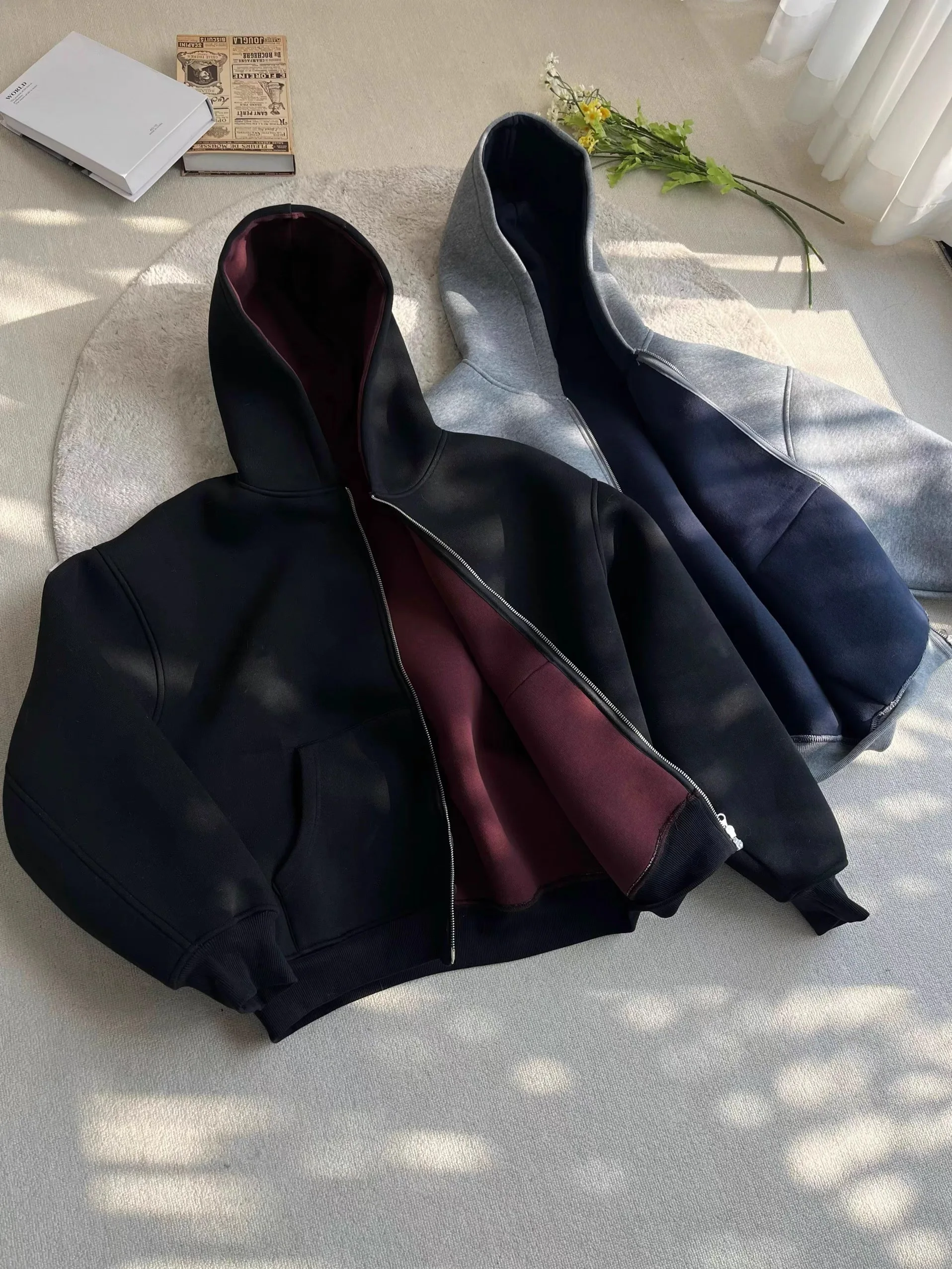 American Retro Double-Sided Wear Composite 640g Air Layer Hooded Zipper Sweatshirt Autumn Couple Outerwear Cleanfit Casual Lo...
