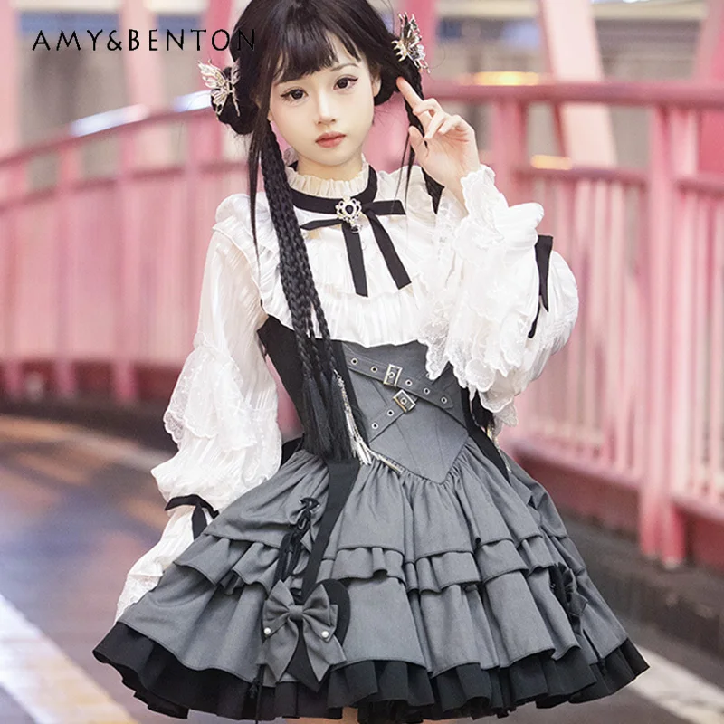 Preppy Stijl Zoete Cool Girl Band Rok Lolita Leuke Boog Patchwork Jarretel Jsk Multi-layer Rok Vrouwen Straat Punk Tutu rokken