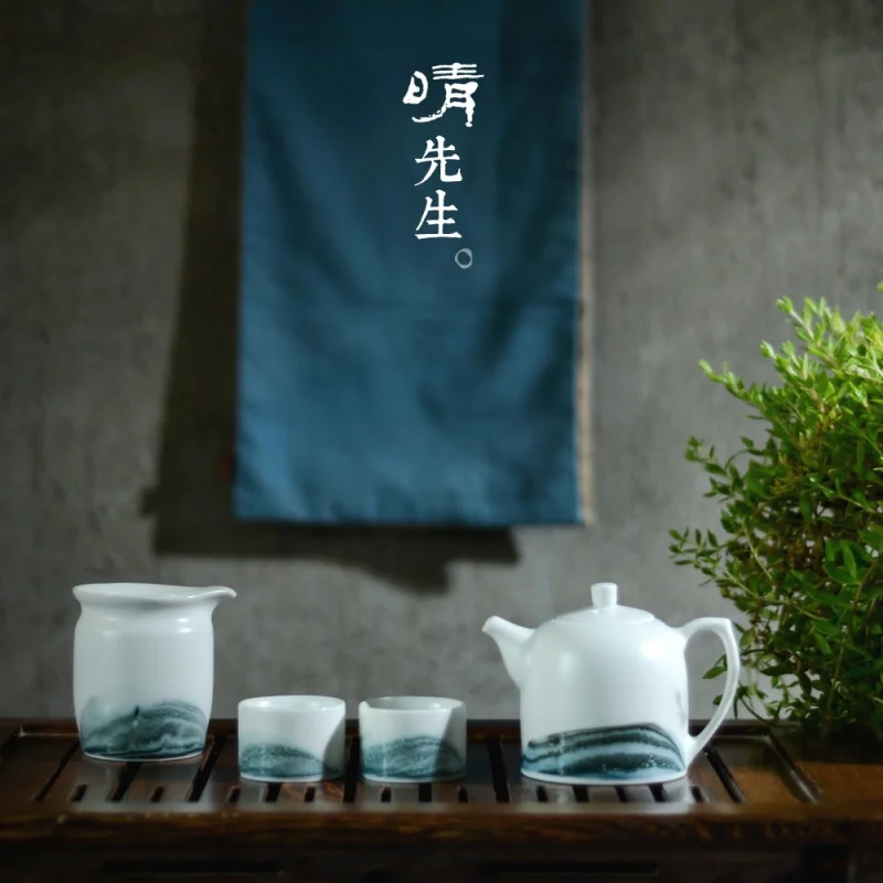 Jingdezhen Ink Painting Gaiwan Set Jingdezhen High Temperature Porcelain Kung Fu Tea Set Ink Painting Landscape Humanities Tea W