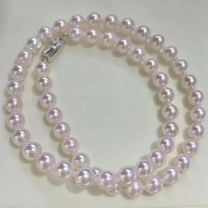 7-8mm Seawater Akoya Pearl Necklace Pure Natural Light Pink Seawater Pearls with S925 Silver Accessories Necklace Jewelry