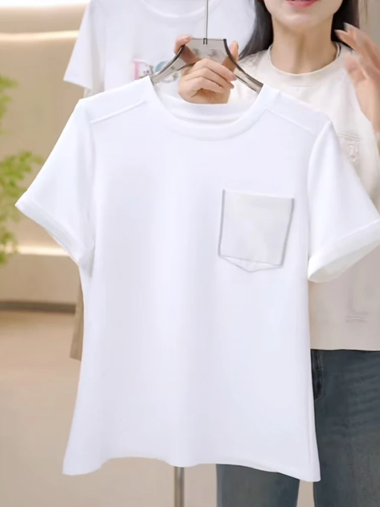 قميص صيفي جديد ناعم ومريح من القطن برقبة مستديرة وأكمام قصيرة مع تصميم جيب، قميص أساسي بأسلوب عملي على الطراز الكوري بقصة مست...