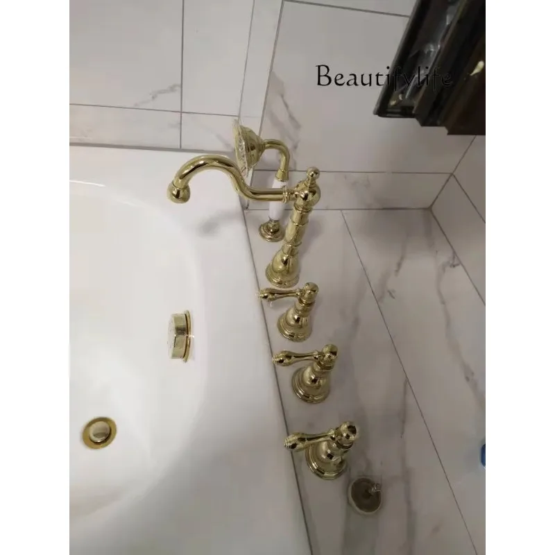 BJ Bathroom, Retro Bathtub Faucet, Copper Five-hole Series Cylinder Edge Three Controls With Ceramic Pull-out Handle Shower