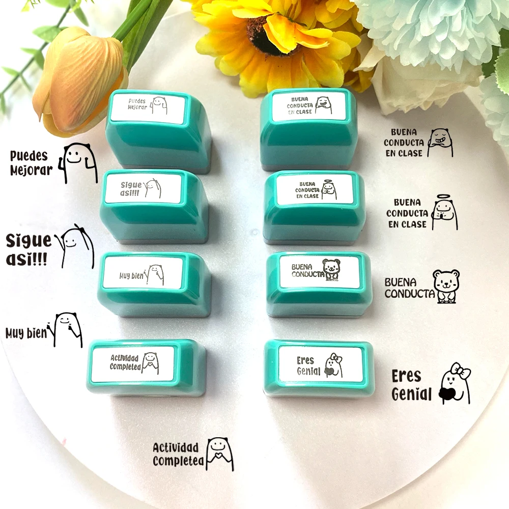 Set of 8 Self-Inking Spanish Teacher Stamps, Square Shape For Classroom Grading, Homework Assessment, Encouragement and Motivati