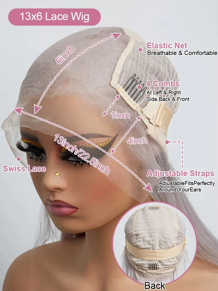 Wig Depan Renda Lurus Abu-abu Perak 100% Rambut Manusia Berwarna 13X6 HD Wig Frontal Renda Transparan Dikelantang Pra Dipetik untuk Wanita