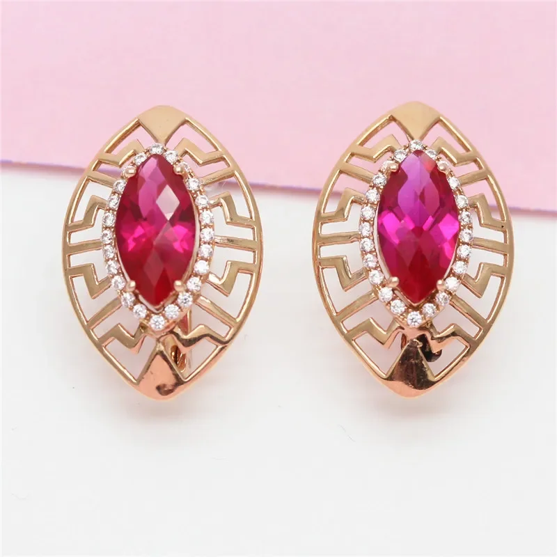 585 purple gold plated 14K rose gold inlaid ruby earrings for women fashion luxury Marquise shape Ear buck new wedding jewelry