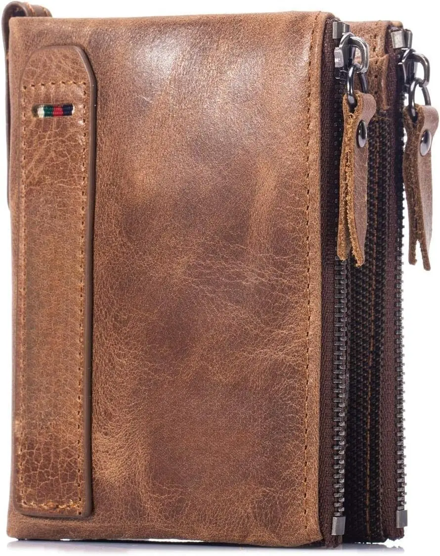 Men's Vintage Genuine Leather Bifold Wallet with Double Zipper Pockets RFID Blocking Brown/Black /Coffee