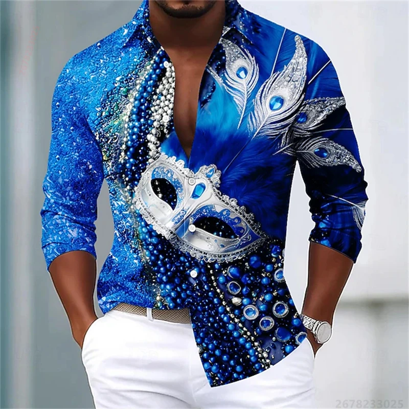 

Мужская рубашка с длинным рукавом и принтом карнавальной маски и перьев, цвет «королевский синий», доступна в различных расцветках, повседневный стиль для вечеринок