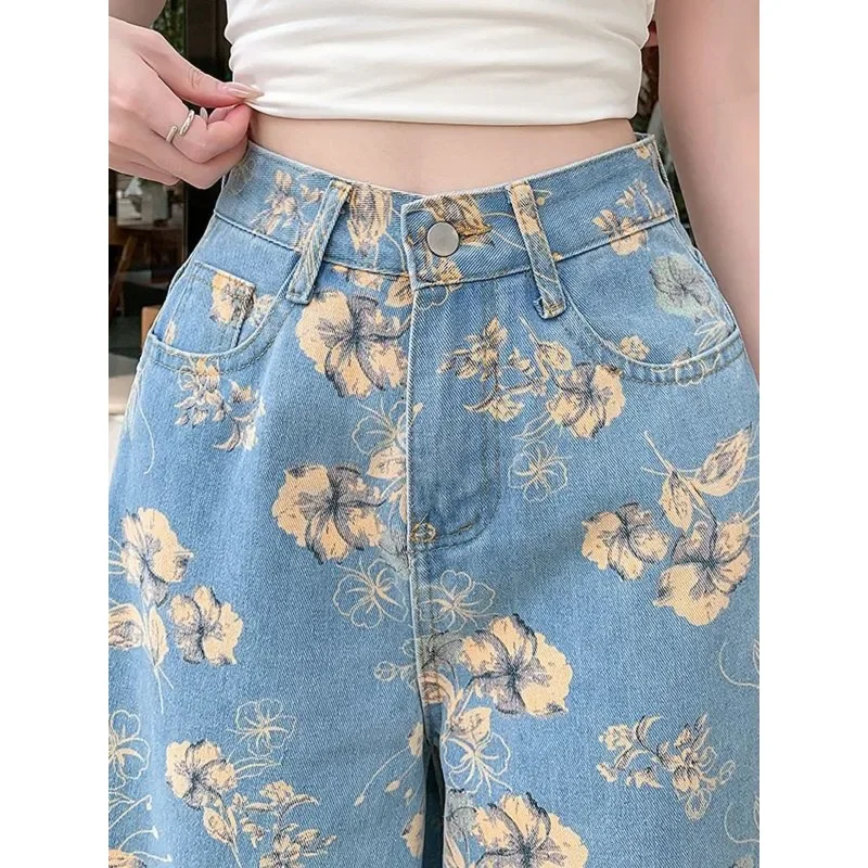 

Women's Loose Slim Straight Pants Draped Floor Trousers Hot Girl Retro Floral High Waist Wide-leg Jeans