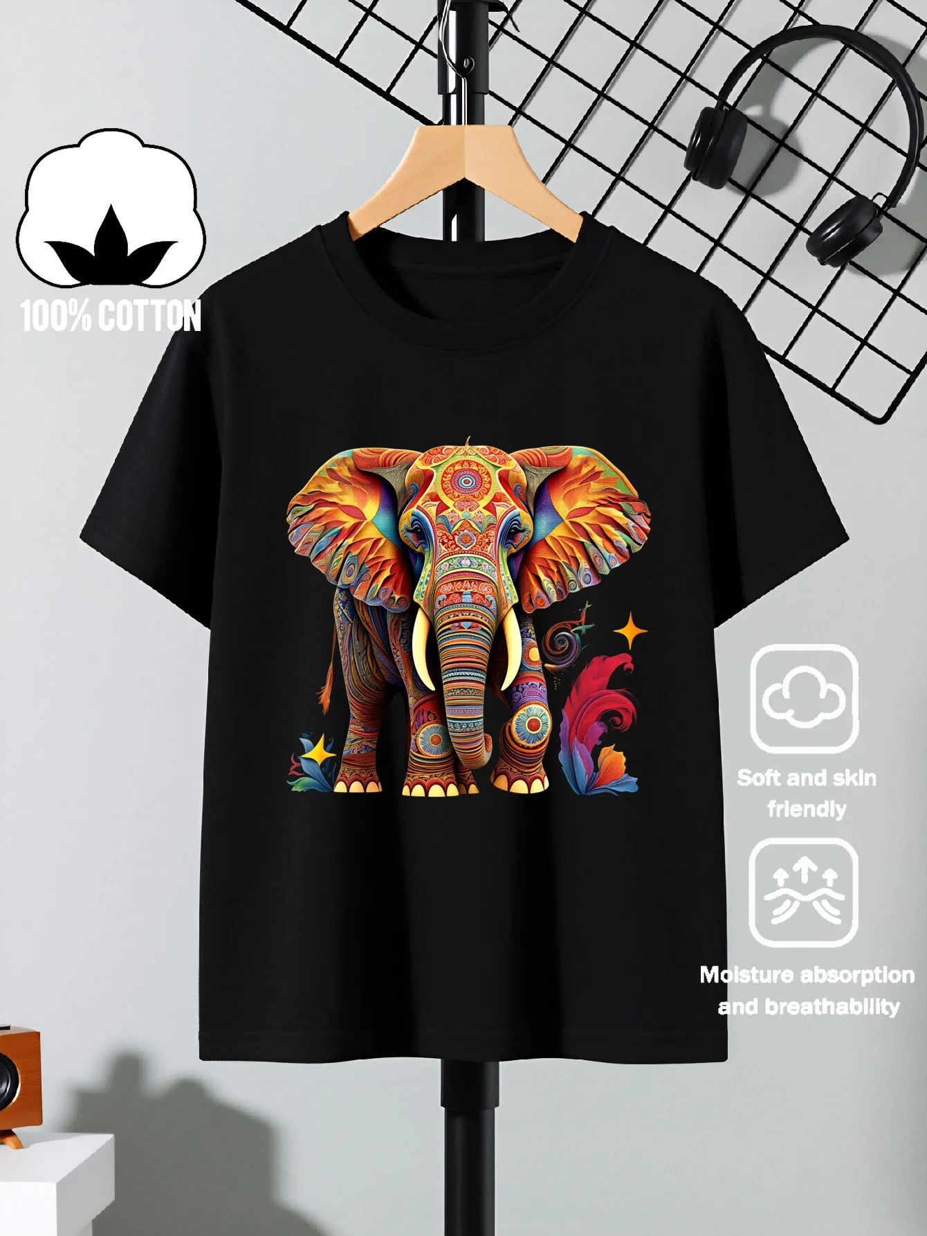 Children Use Bright Elephant Patterns To Design Summer Round Neck Short T-shirts for Casual and Comfortable Parent-child Wear
