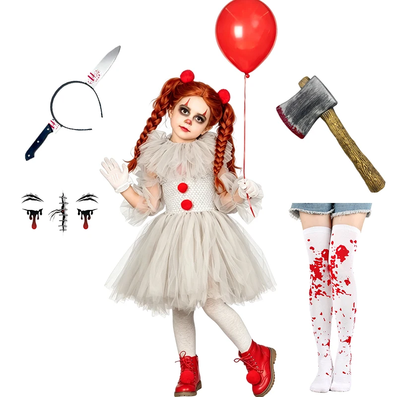 Children Scary Carnival Party Dress Up Outfit Girl White Clown Tutu Dress Set Full Accessories for Halloween Cosplay Performance