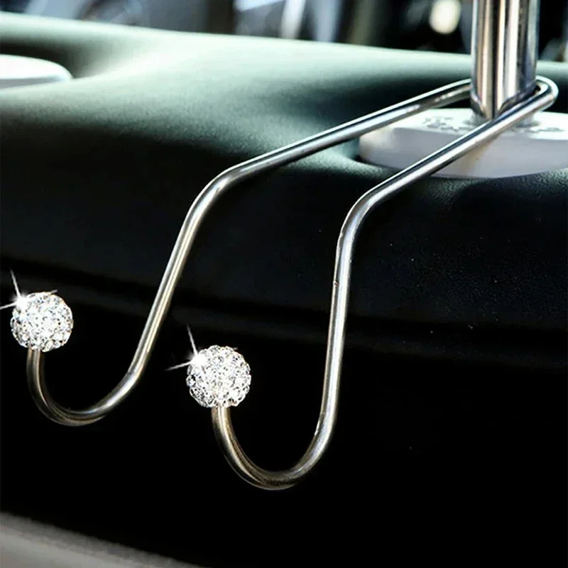 

2pcs Assorted Colors Rhinestone Decor Ball Design Car Seat Back Stainless Steel Hook Car Hidden Car Storage Hook For Women