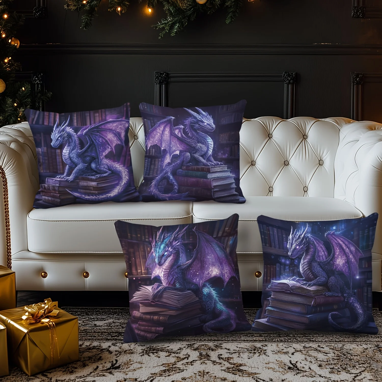 Mystical Dragon Book Pillowcase Cover Set 4 Pieces 40x40cm Fantasy Gothic Library Gift Decor