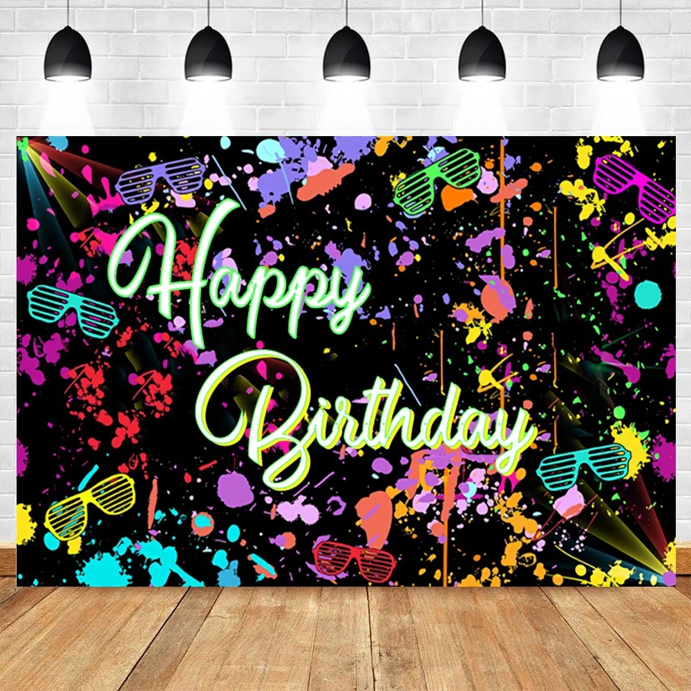 Glow Graffiti Birthday Background Colorful Paint Splatter in The Dark anni '80 Baby Birthday Photography Background Photo Studio