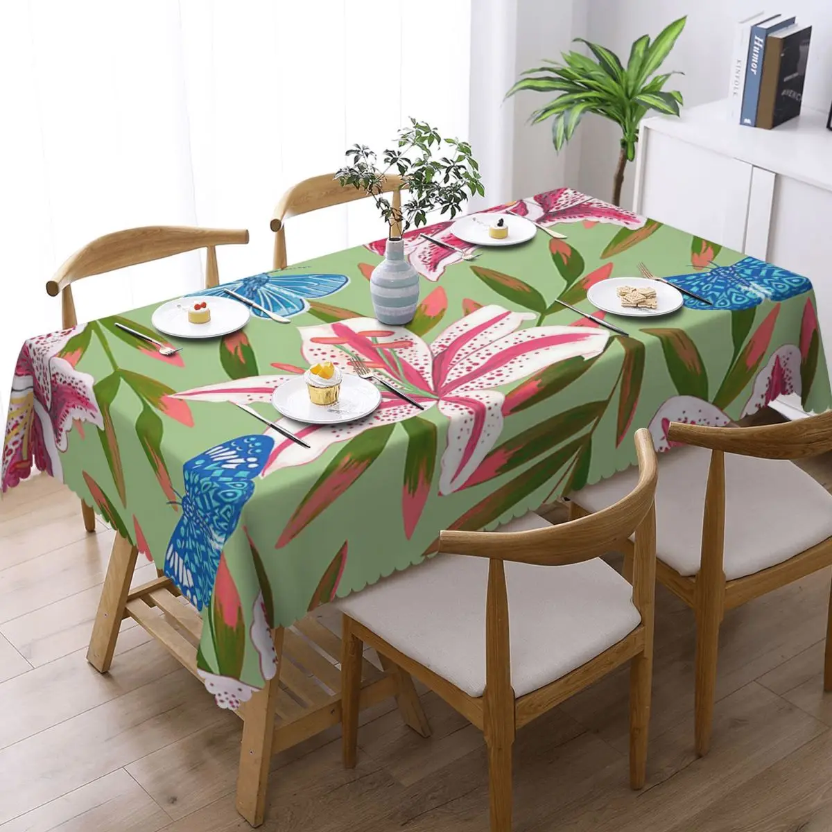 Dizzy Oriental Lily Floral Pattern Custom Rectangular Waterproof Oilproof Tablecloth Table Cover for Dining Events Table Cloth