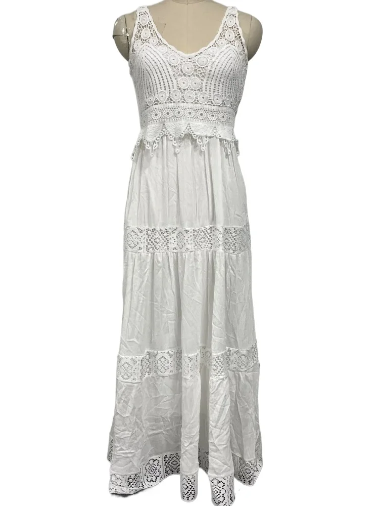 

White Lace V-neck Spaghetti Straps Long Summer Dress