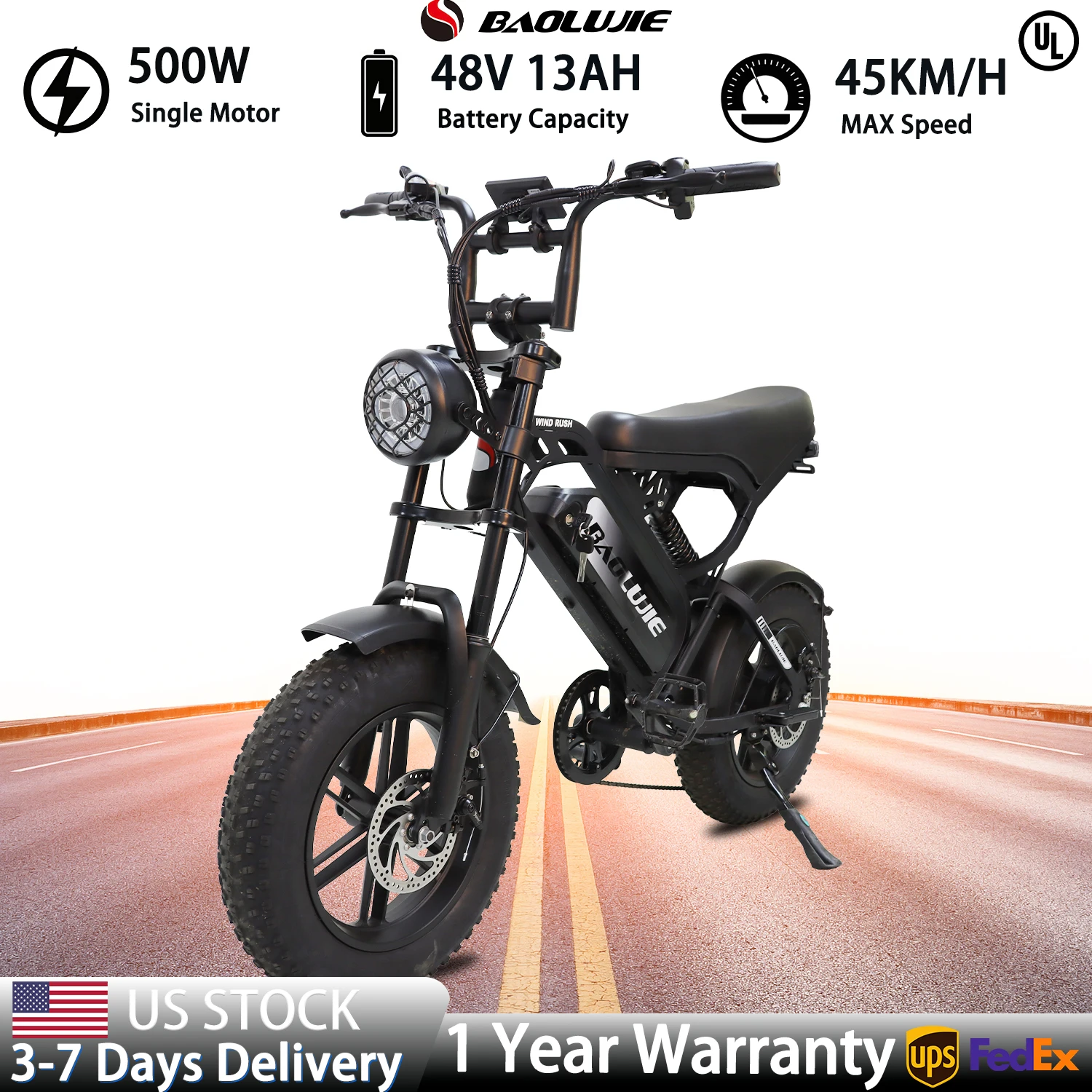 

BAOLUJIE F2 Electric Mountain Bike 500W motor 48V13AH ebike 7-speed Electric Bicycle Fat Tire Ebike all Terrain【1 Year Warranty】