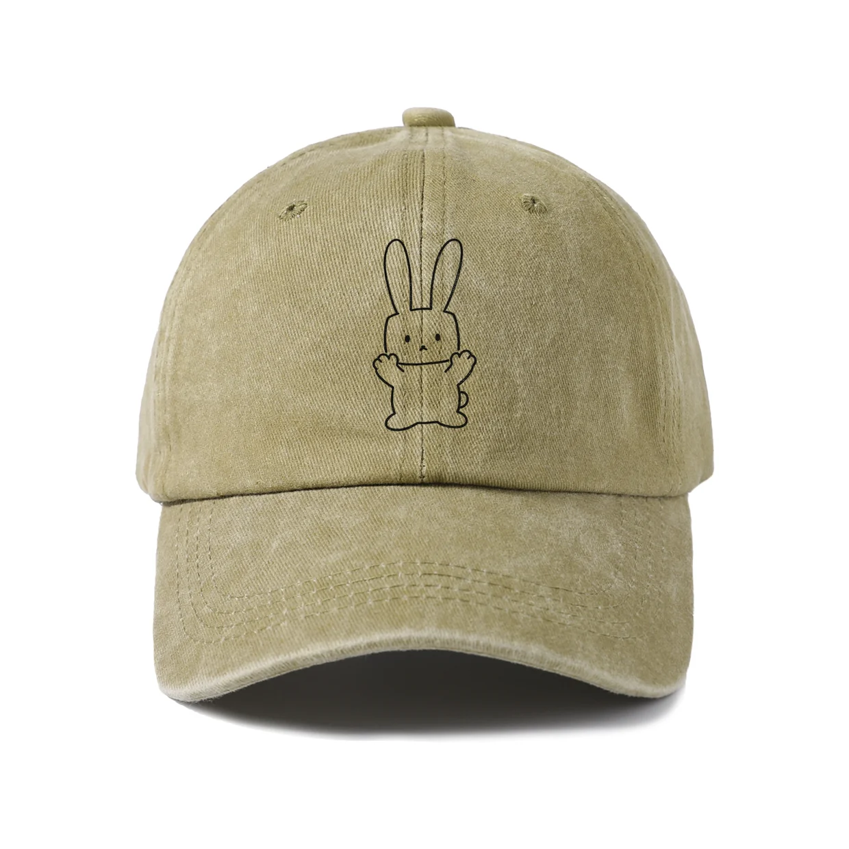 Rabbit Peace Sign Line Art Graphic Baseball Cap, Vintage Washed Adjustable Unisex Dad Hat, Streetwear Gift
