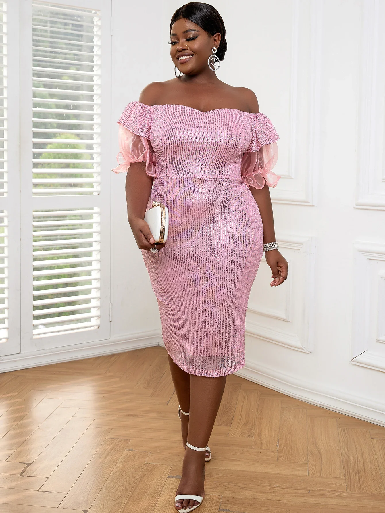 

Lady Sequin Off Shoulder Prom Dress Backless Ruffle Sleeve Patchwork Pink Glitter Midi Slim Evening Occasion Party Gown Big Size