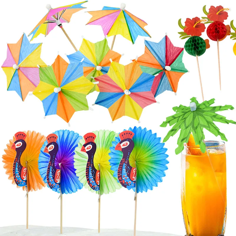 Hawaii Peacock Toothpick Tropical Coconut Tree Umbrella Bamboo Fruit Toothpicks For Beach Wedding Luau Pool Party Cocktail Decor