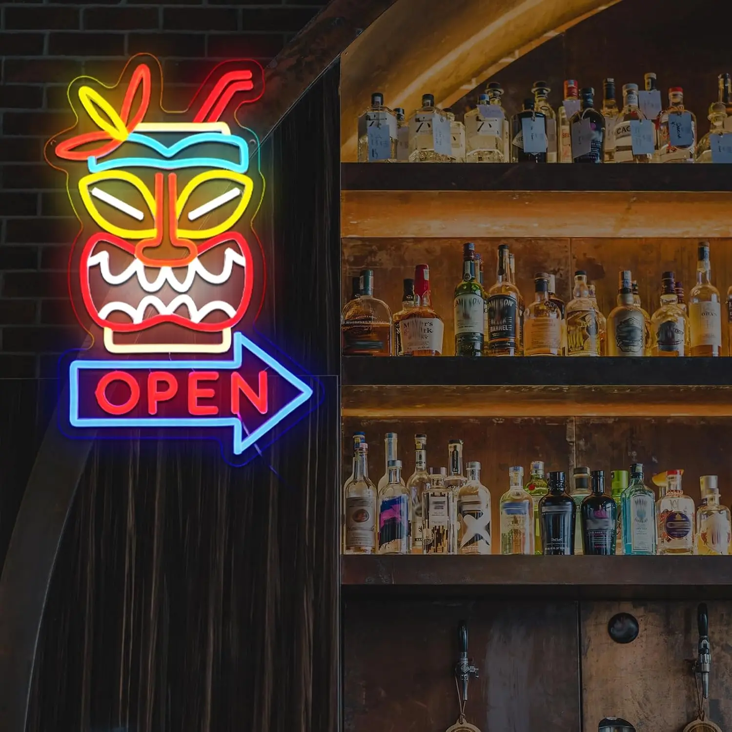 Tiki Bar Open Neon Sign  USB Dimmable LED Neon Light  for Beer Bar Beach Recreation Room Shop Tropical Party Decoration Gift