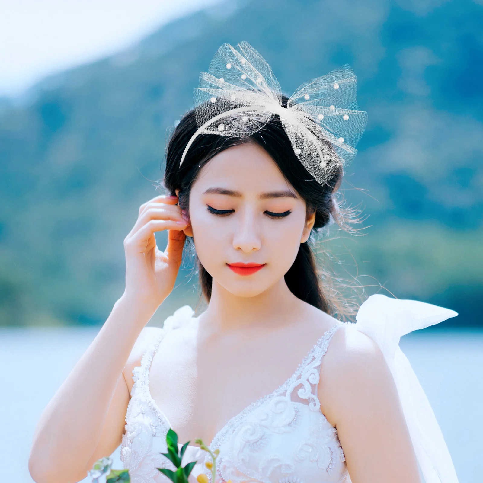 

Butterfly Knot Headband Women Tulle Bow Hair Band Sparkling Bead Wide Headwrap For Bridal Party Holiday Festival Girl