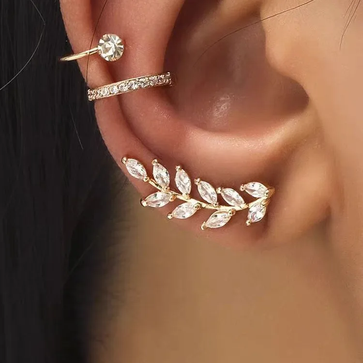 Luxury CZ Zircon Wheat Leaf Earrings Marquise Crystal Ear Crawler Dainty Climber Ear Studs For Women Daily Wedding Party Jewelry