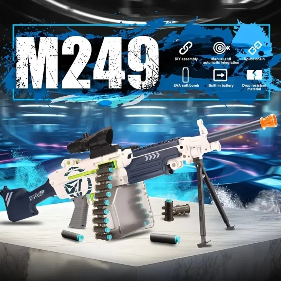 M249 Electric Continuous-Fire Chain Safety Soft Bullet Toy Gun Model with 3.7V Battery Outdoor Shooting Game for Children Gift