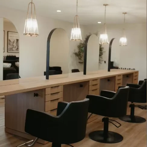 Double Round Black Frame Mirror Salon Island WorkStation Grey Gold Base Hair Styling Chair Full Hair Salon Furniture Set
