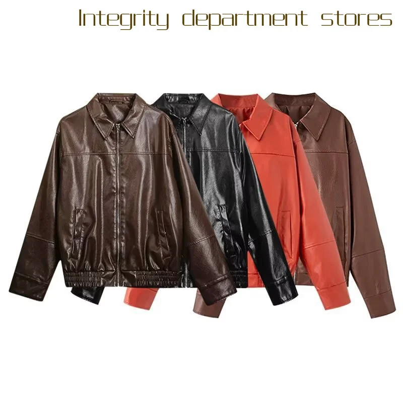 Jaqueta Casual de Algodão Solta com Gola Alta Versátil, Manga Longa e Fechamento com Zíper, Casaco de Couro Sintético para Mulheres Adultas em Cerimônias