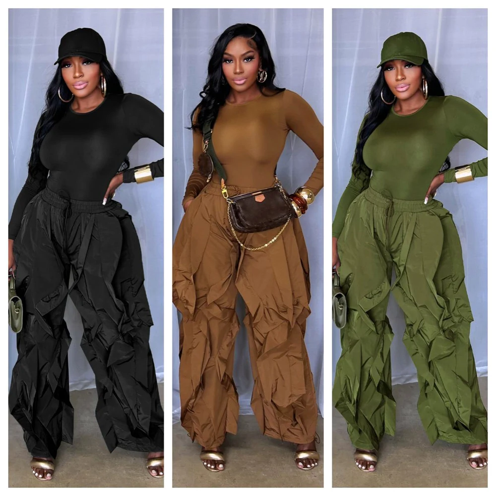 

Casual Crepe Women's Sets Solid Color Stretch Two Pieces Pant Set With Long Sleeve Crop Top and High Waist Wide Leg Loose Pants