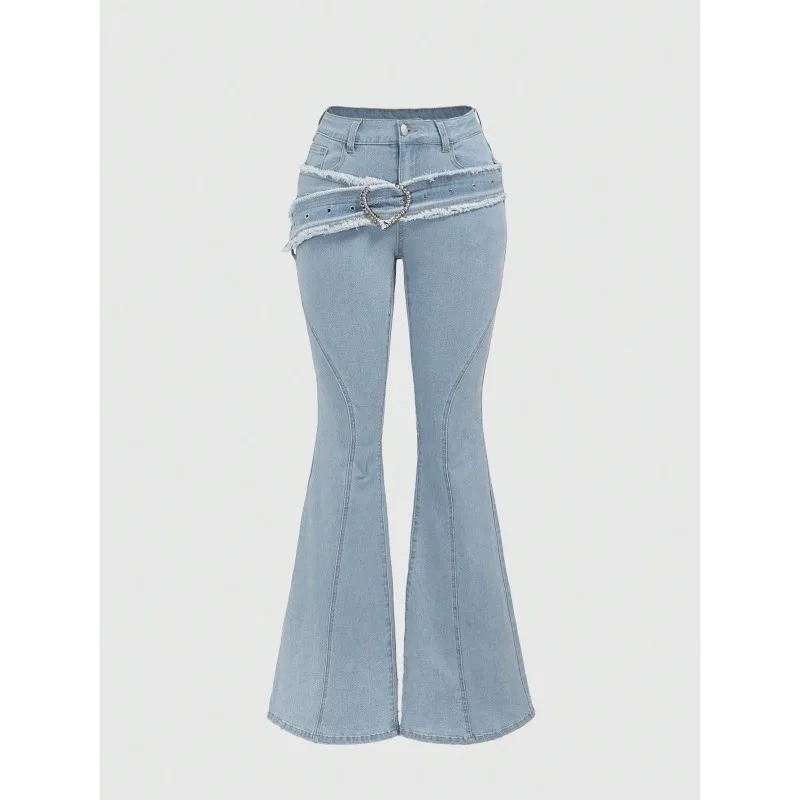 

Women s Jeans Stretch Heart Embroidery Irregular Hem Denim Pants Women s Pants Casual Fit Pocket Denim